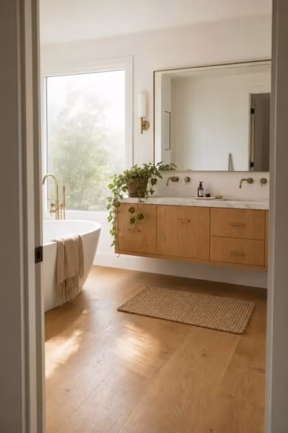 A Bathroom With Wooden Floor Is the Quiet Luxury Detail That Changes a Home's Entire Feel Primary bathroom with warm honey-toned wide plank engineered oak flooring, a freestanding matte white tub, a floating natural wood vanity with brass fixtures, and soft diffused morning light.
