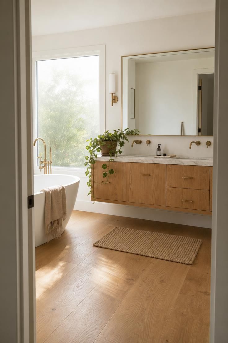 Simple Spaces 16 Primary bathroom with warm honey-toned wide plank engineered oak flooring, a freestanding matte white tub, a floating natural wood vanity with brass fixtures, and soft diffused morning light.