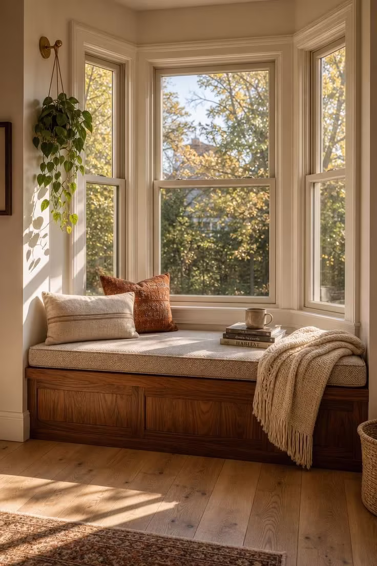 A built-in walnut bench bay window reading nook with herringbone linen cushion and throw pillows in warm afternoon light.
