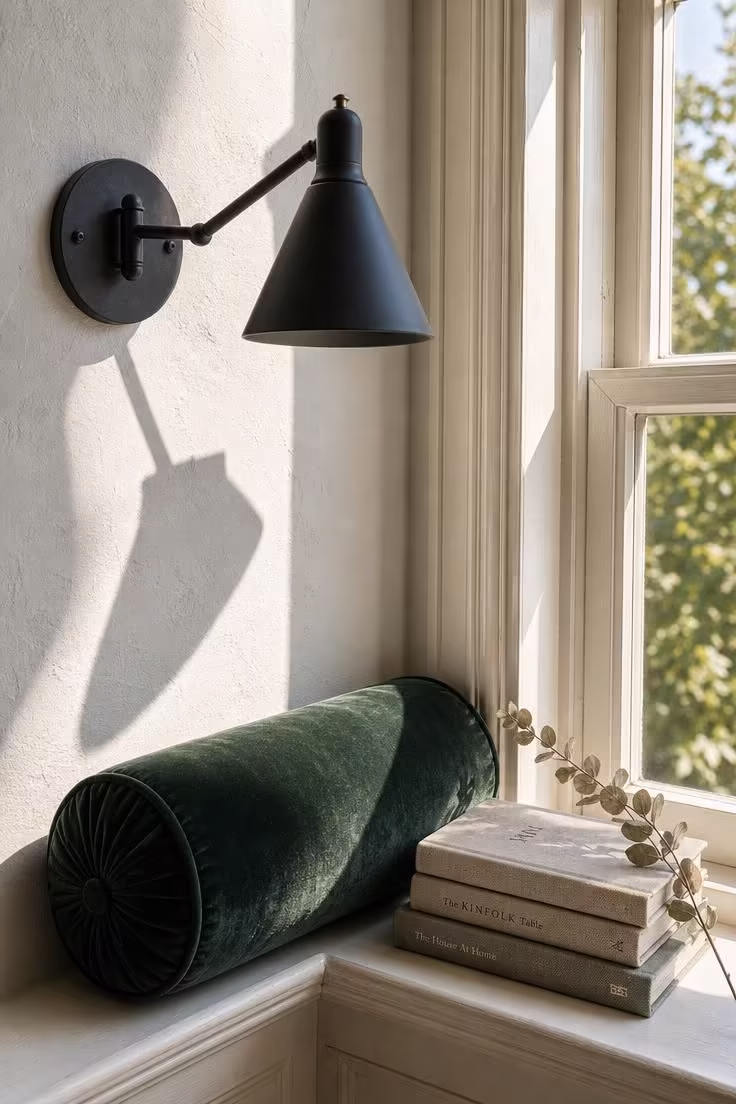 Close-up of a wrought iron swing-arm sconce and forest green velvet roll pillow in a bright bay window reading nook.
