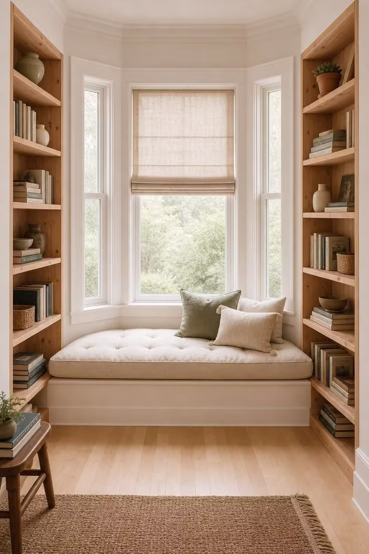 Wide view of a bay window reading nook with raw cedar bookshelves flanking a tufted cotton bench pad in soft diffused light.