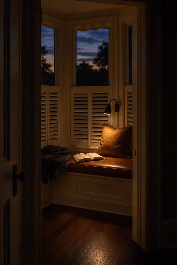 Doorway view of a bay window reading nook with plantation shutters and a cognac leather bench seat glowing under a reading lamp at dusk.