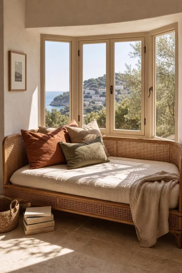 A caned rattan daybed filling a wide bay window alcove with linen mattress, scatter cushions, and warm afternoon light.