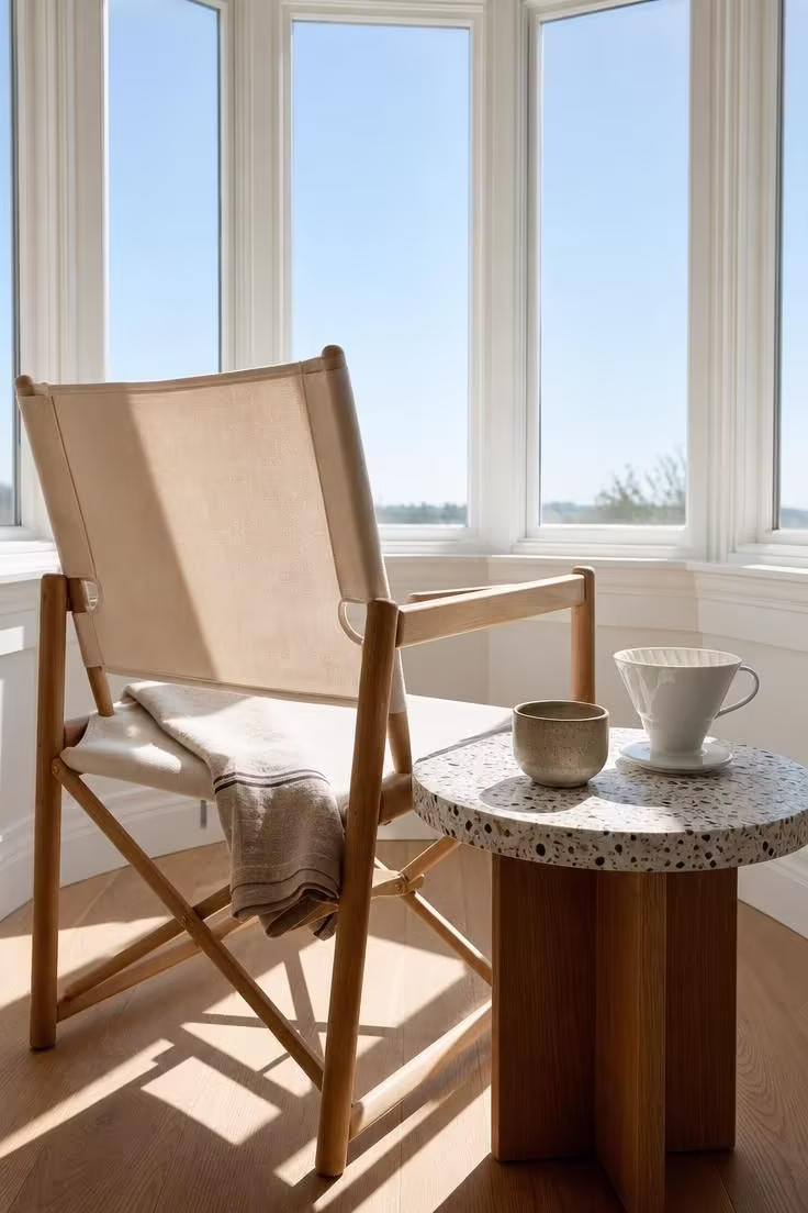 Close-up of a terrazzo side table and canvas director chair in a bright bay window reading nook with coffee and midday light.
