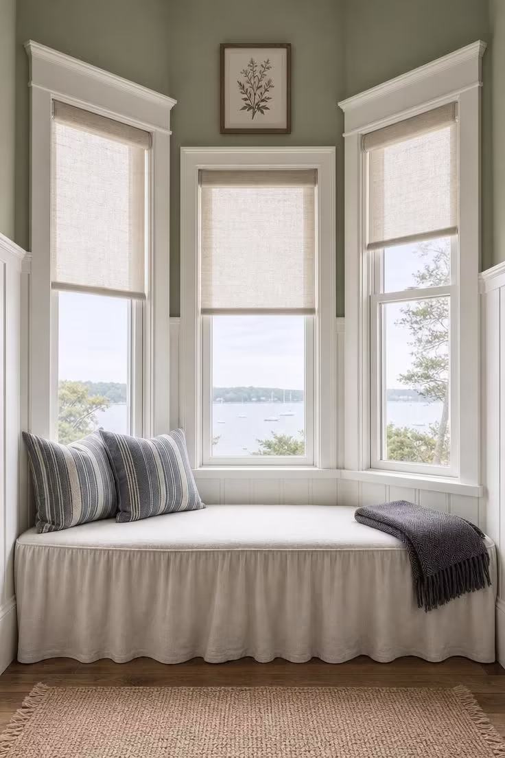 Wide view of a bay window reading nook with board-and-batten paneling, skirted cotton bench cushion, and cool morning light.