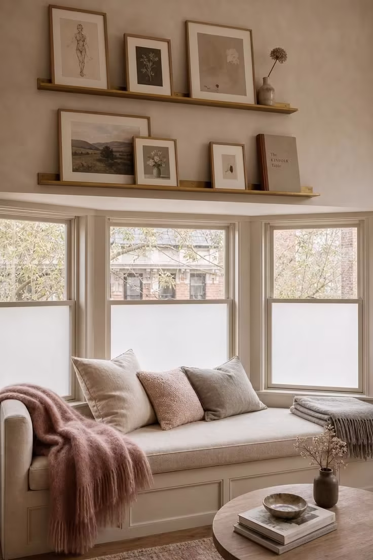 Brass picture ledge shelves above a bay window bench layered with a mohair throw and textured throw pillows in soft diffused light.