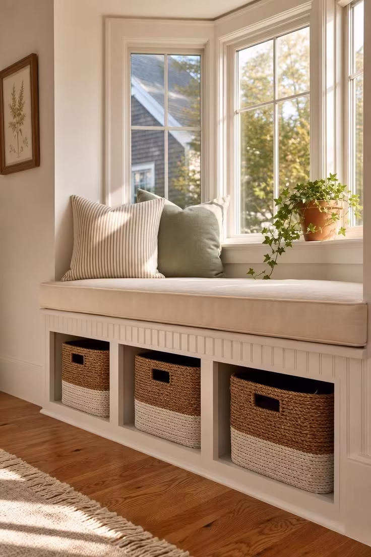 Low-angle view of a beadboard storage bench with rope basket cubbies in a bay window reading nook with warm afternoon light.