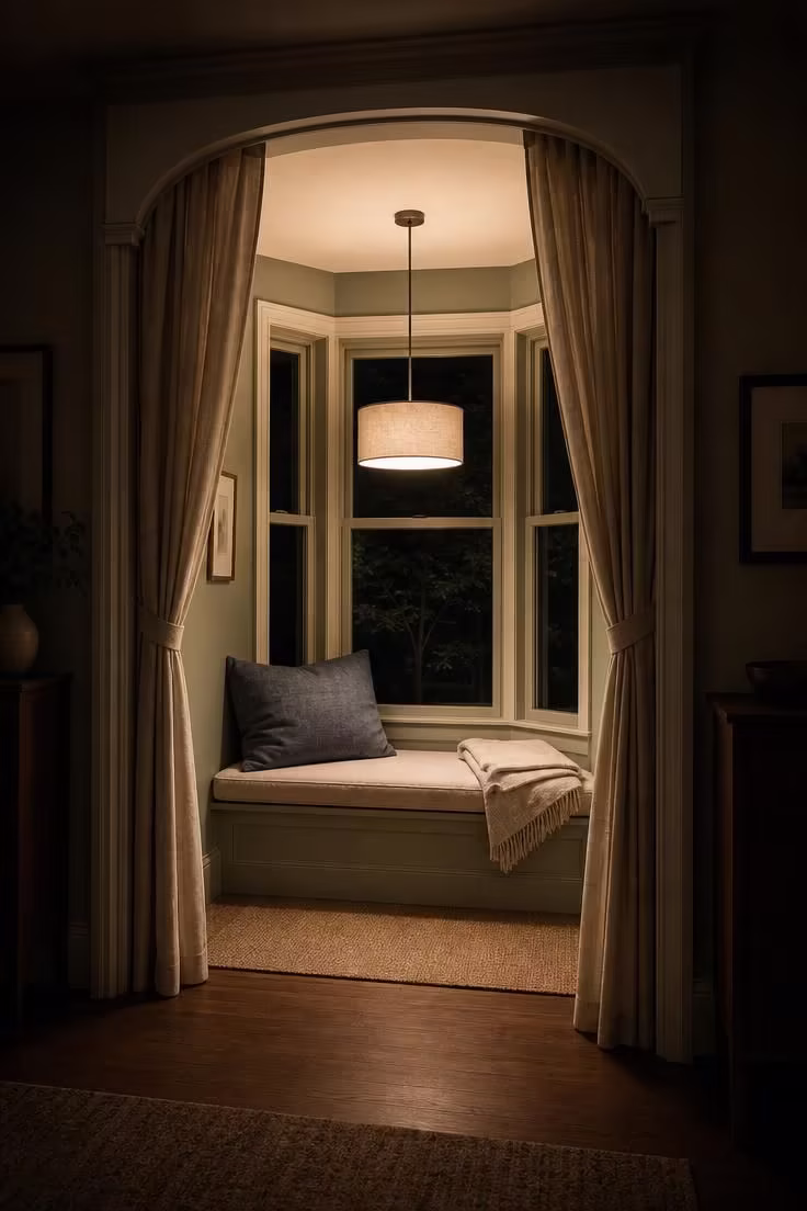Wide doorway view of a bay window reading nook framed by an arched pelmet board with linen curtain panels and a pendant lamp at dusk.