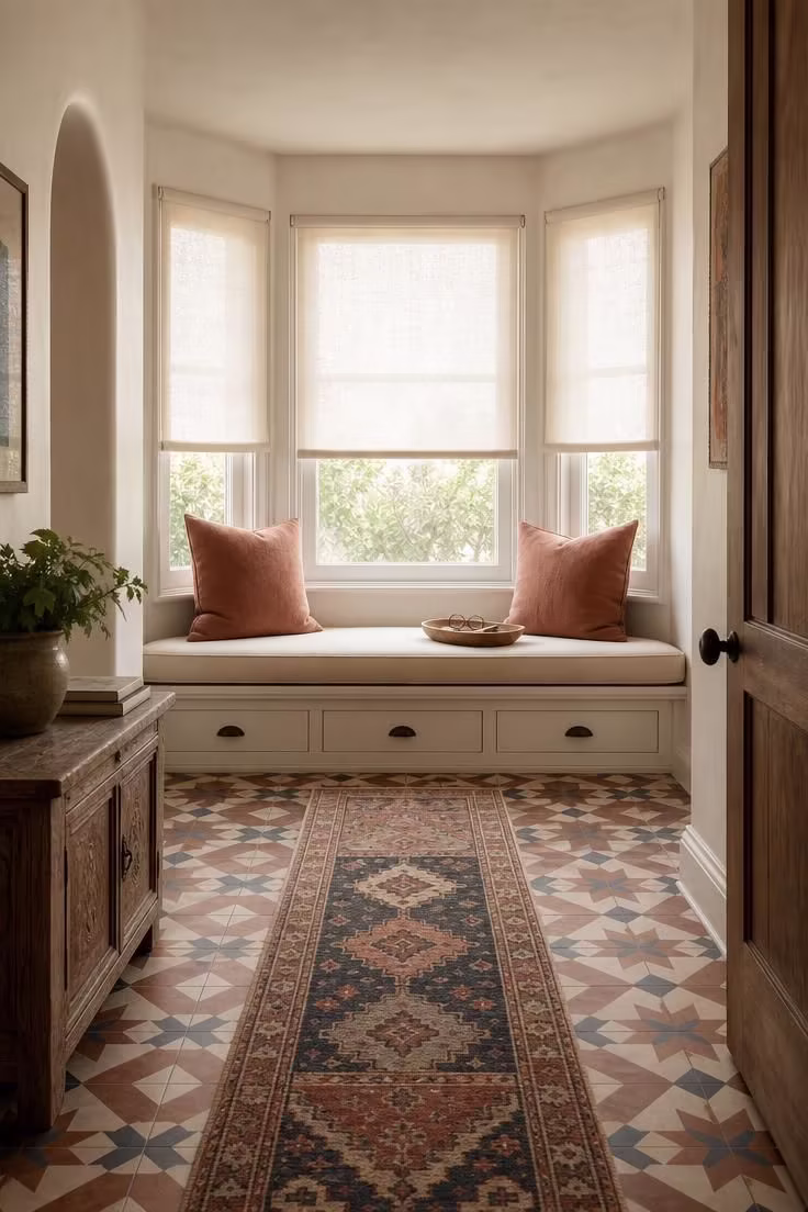 Bay window reading nook with encaustic cement tile floor, kilim runner, and cotton bench cushion in soft diffused light.