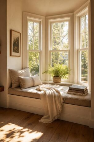 A cozy bay window reading nook with a linen-cushioned built-in bench, wool throw, and hardcover books bathed in warm sunlight.