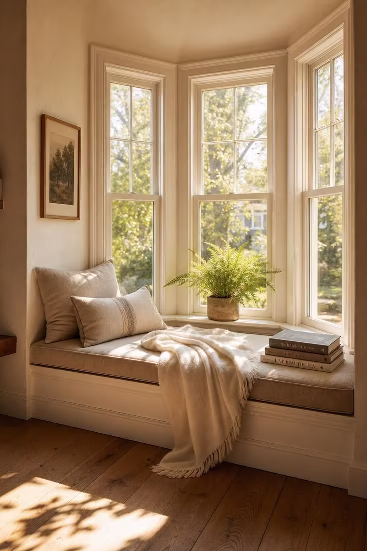 Simple Spaces 15 A cozy bay window reading nook with a linen-cushioned built-in bench, wool throw, and hardcover books bathed in warm sunlight.