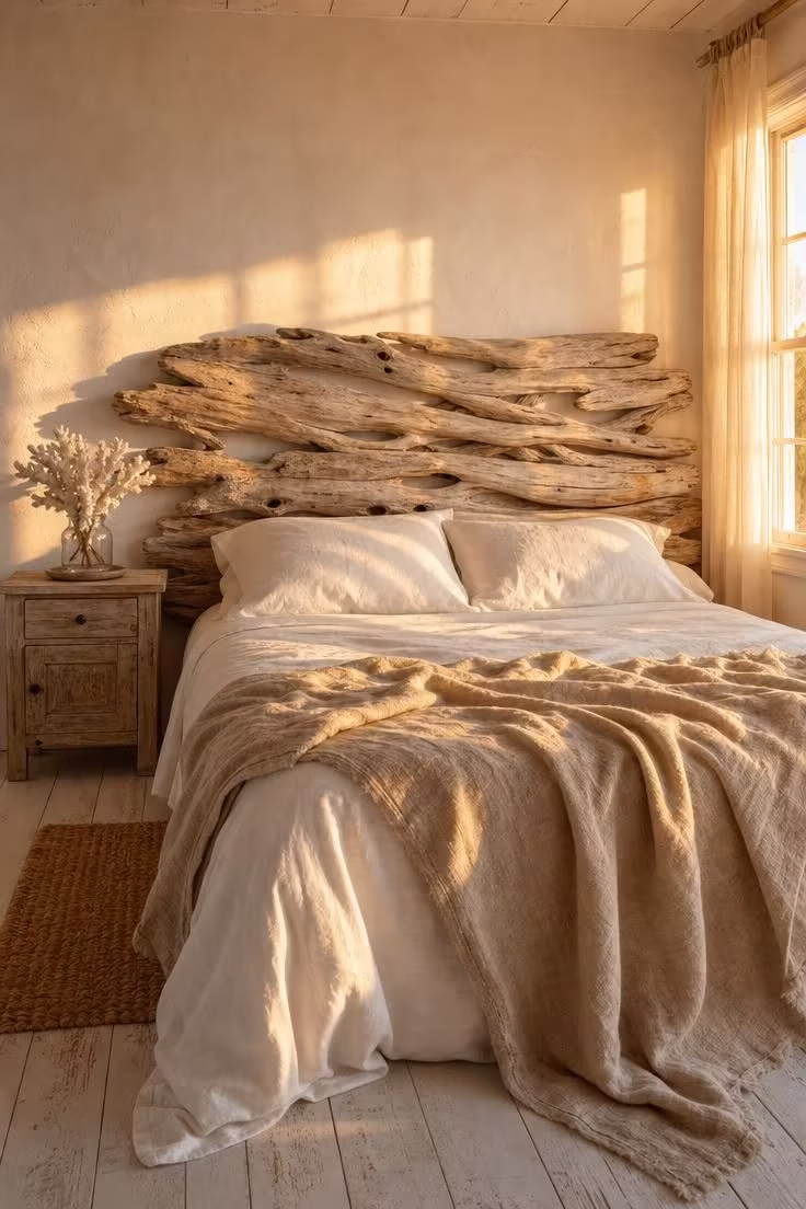 Driftwood headboard mounted on a white wall behind a bed with white cotton sheets and a sandy linen throw in warm golden light