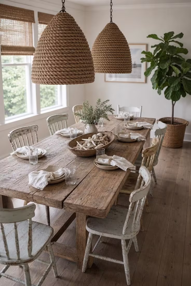 Two rope-wrapped pendant lights hanging over a reclaimed oak dining table with white spindle chairs in soft diffused light