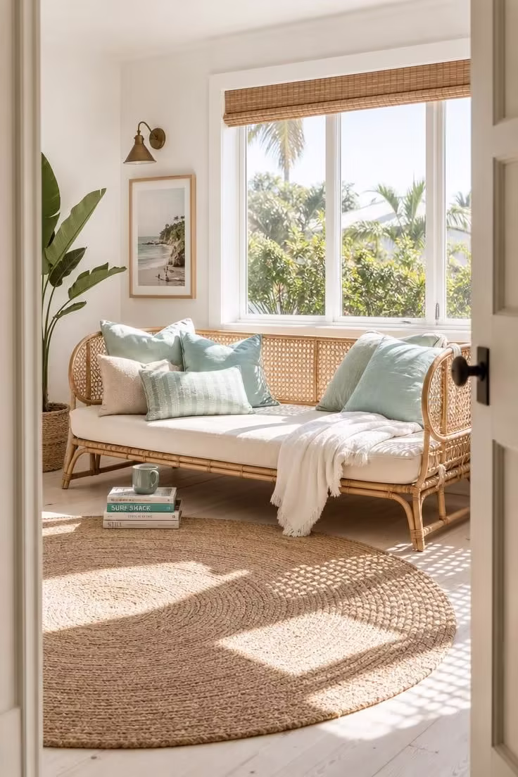 Rattan daybed with seafoam linen cushions and a white throw near a bright window in midday light
