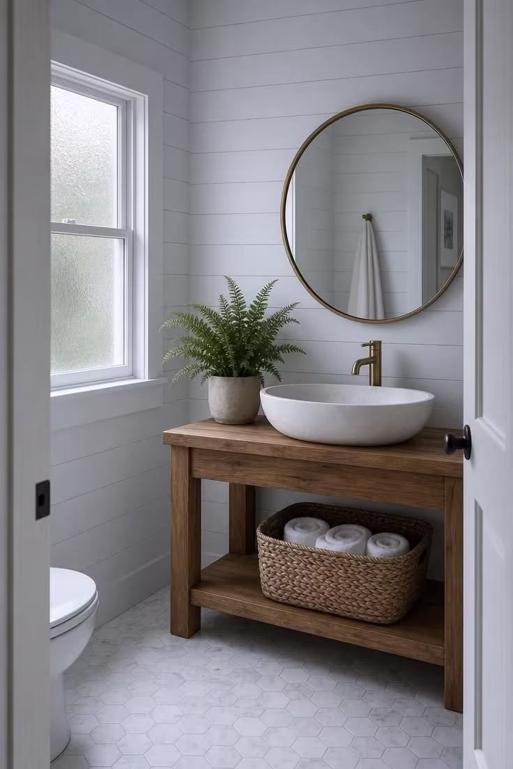 White shiplap bathroom with a teak vanity holding a stone vessel sink and brass faucet in cool overcast light