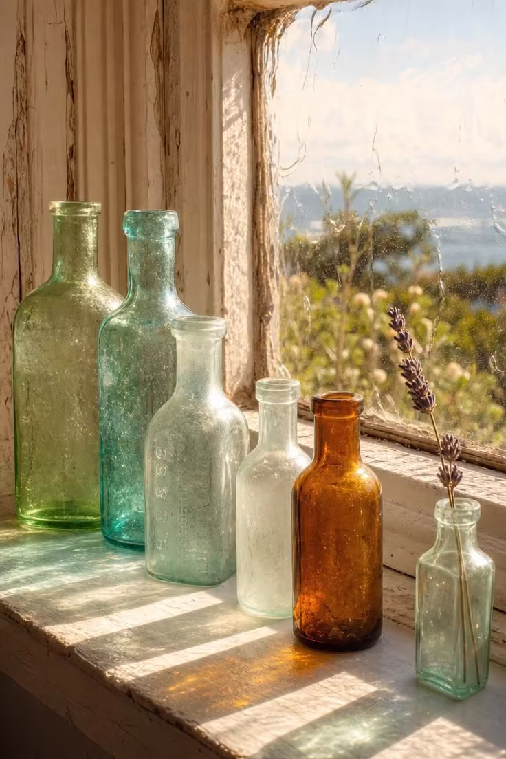 Collection of sea glass bottles in green blue and white on a cottage windowsill catching warm golden afternoon light