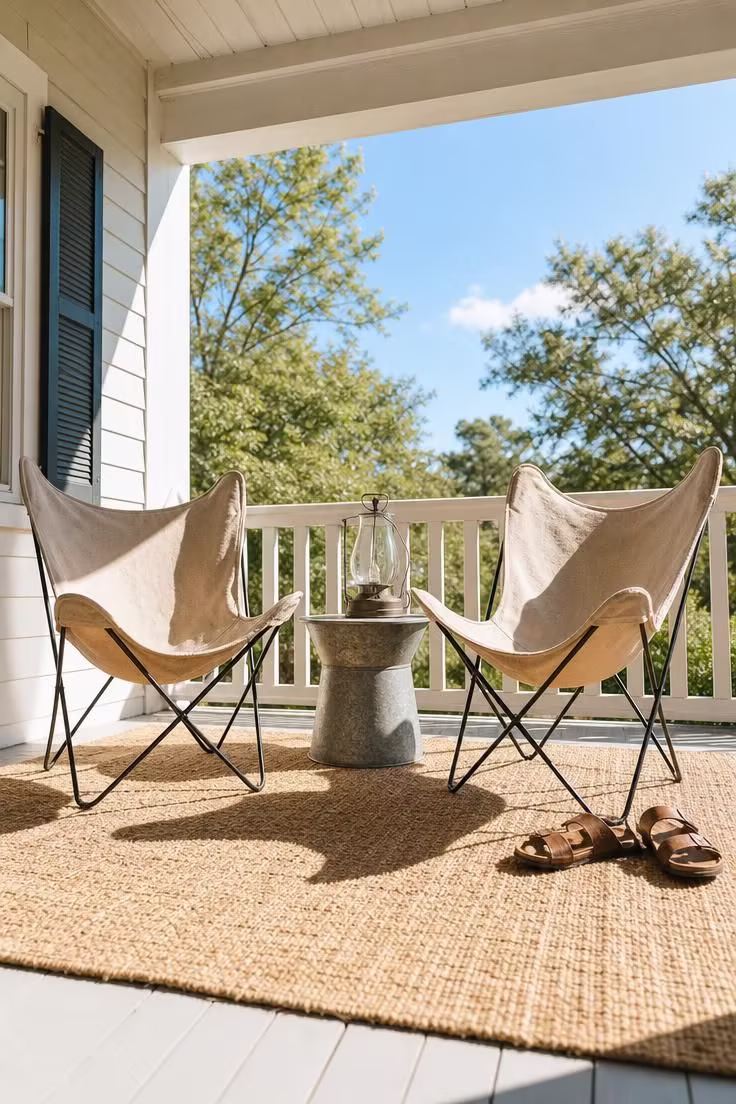 Two canvas butterfly chairs on a sisal rug on a covered porch in bright midday sunlight with a zinc side table between them