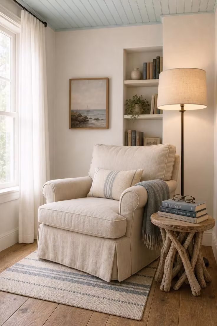 Pale aqua beadboard ceiling above a linen slipcovered armchair with a floor lamp and driftwood side table in soft light