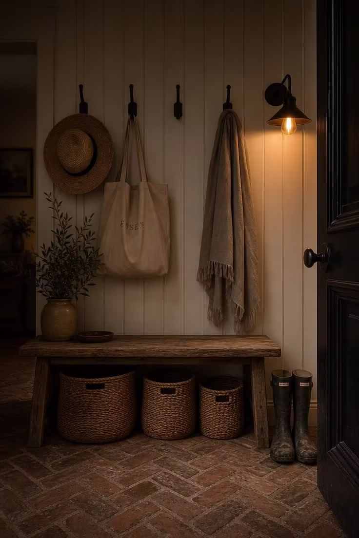 Weathered cedar entry bench with seagrass baskets underneath and iron coat hooks above in warm low light