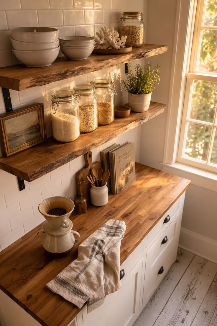 Open kitchen shelves with white ceramics coral fragments and glass jars on a subway tile backsplash in warm golden light