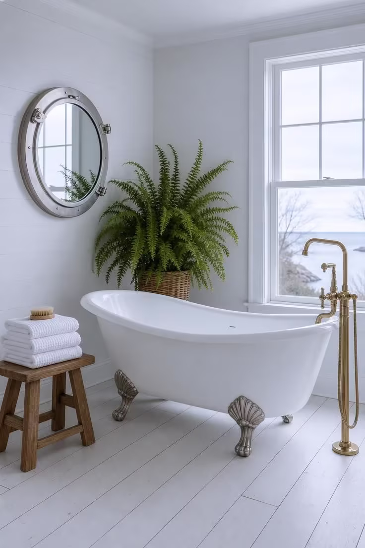 White clawfoot tub with brushed nickel feet next to a porthole mirror and Boston fern in cool overcast light