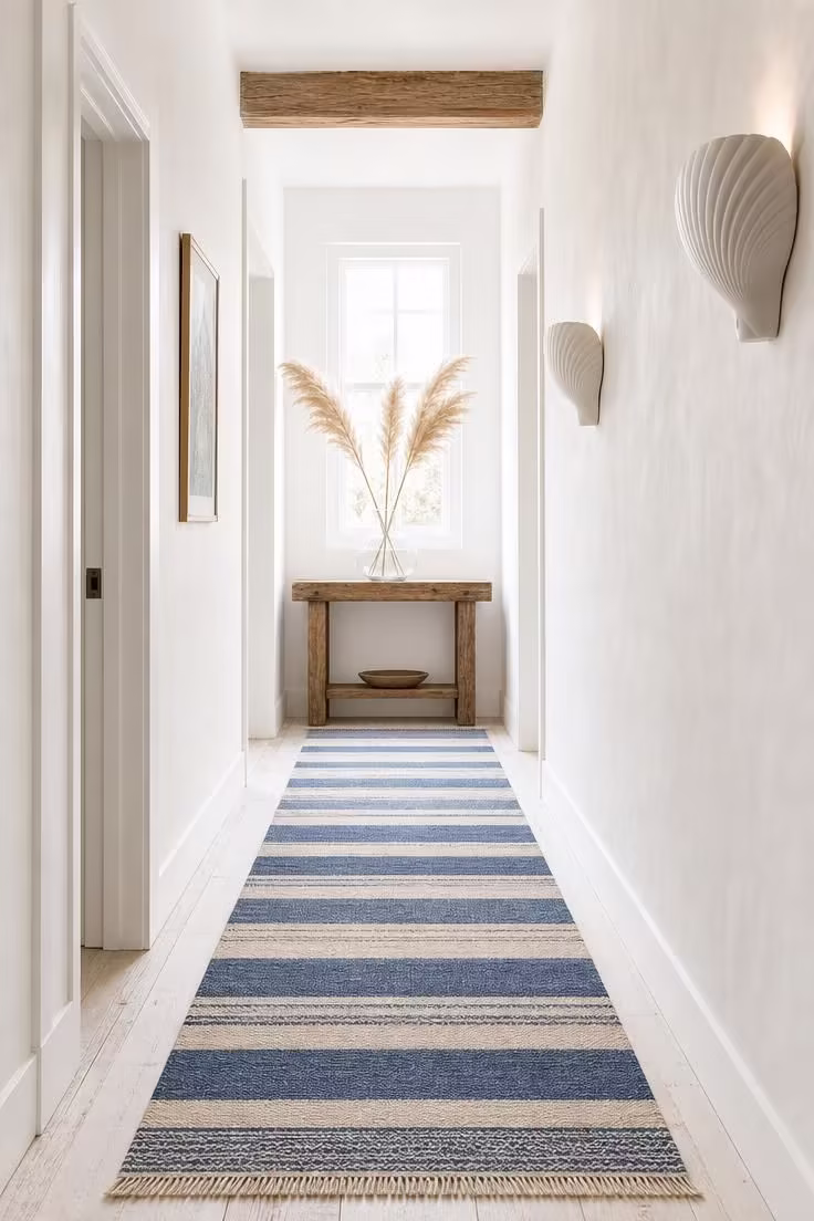 Blue and cream striped dhurrie runner in a bright sun-bleached hallway with shell sconces and a reclaimed wood console