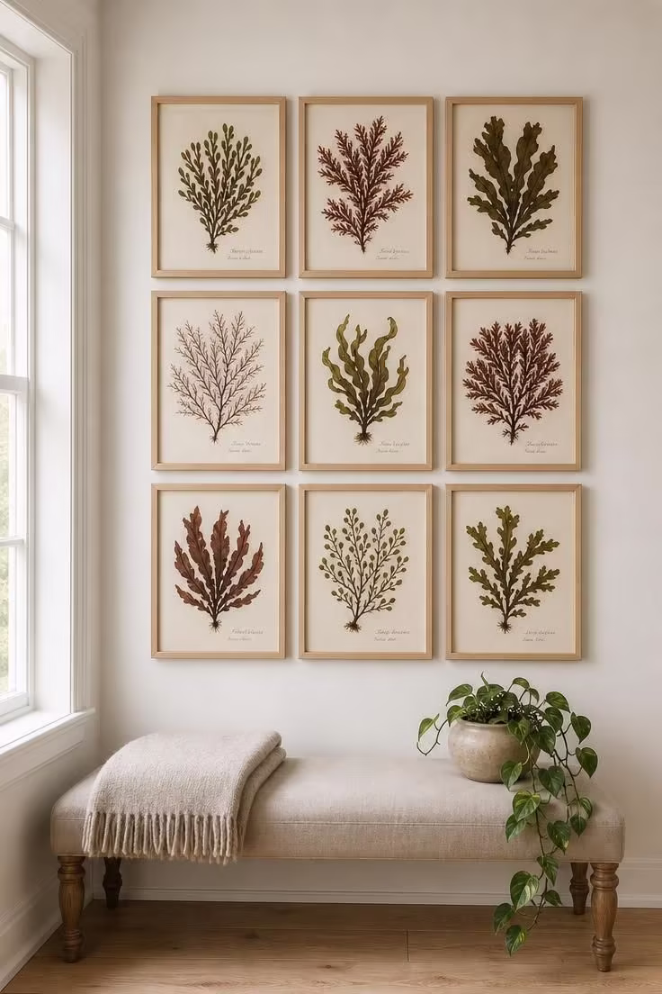 Grid of nine pressed seaweed specimens in maple frames on a white wall above a linen bench in soft diffused light