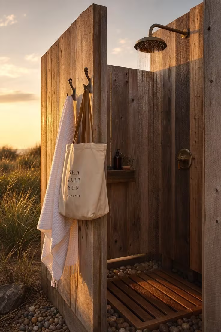 Outdoor shower enclosed by reclaimed wood planks with aged brass rain showerhead in warm golden sunset light