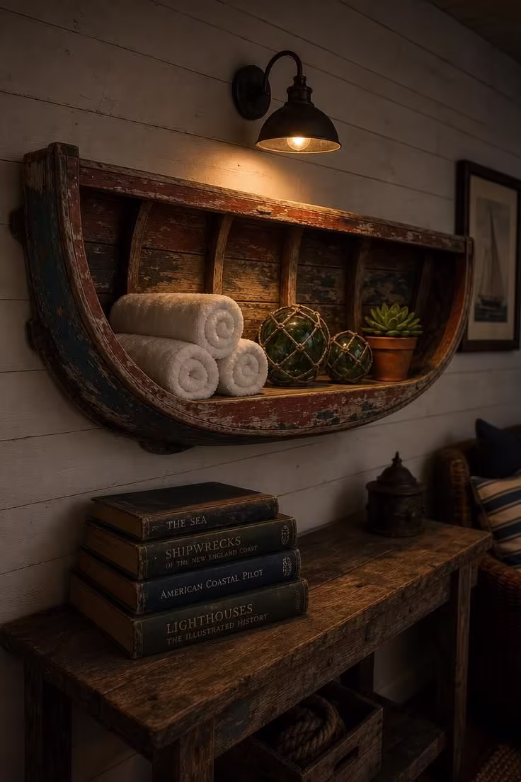 Halved vintage wooden rowboat mounted as a wall shelf with towels glass floats and a succulent in warm low light