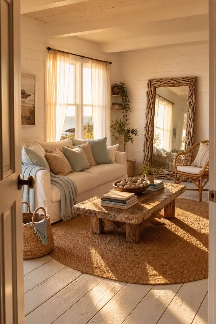 Simple Spaces 15 Bright beach cottage living room with a white slipcovered sofa reclaimed wood coffee table jute rug and shiplap walls in warm golden afternoon light