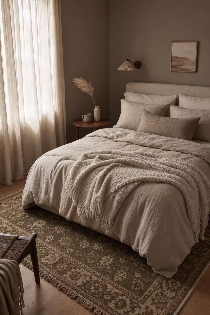 A warm mushroom-toned bedroom with layered oatmeal linens, a walnut side table, and soft diffused natural light filtering through sheer curtains.