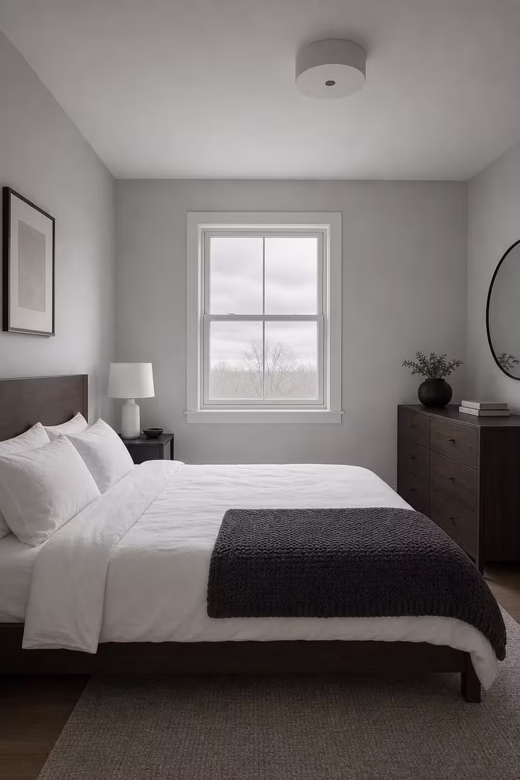 A bedroom with cool gray walls and dark walnut furniture under flat overcast light, showing how the palette reads as sterile and uninviting.