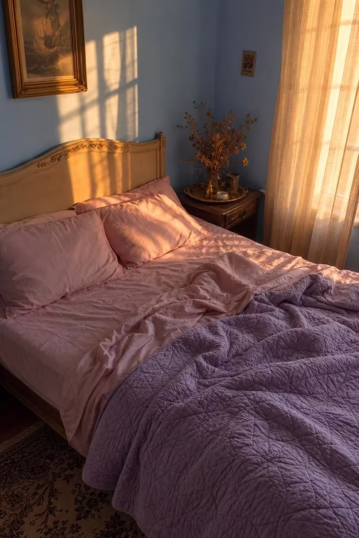 A bedroom with icy pastel blue walls and faded blush bedding under golden hour light, showing how washed-out pastels clash with warm natural light.