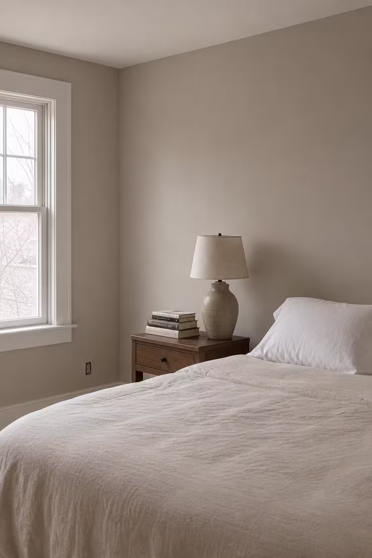 A greige bedroom with cream bedding and simple wood furniture under diffused light, showing how noncommittal greige creates an unresolved feeling.