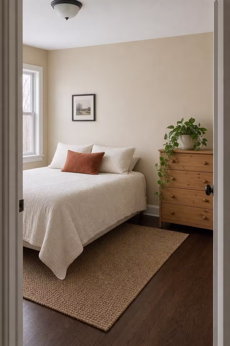 A flat beige bedroom with a cream coverlet and pine dresser under cool overcast light, showing how beige without undertone reads as bland.