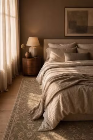 A warm mushroom-toned bedroom with layered oatmeal linen bedding, walnut nightstand, and golden hour light filtering through sheer curtains.