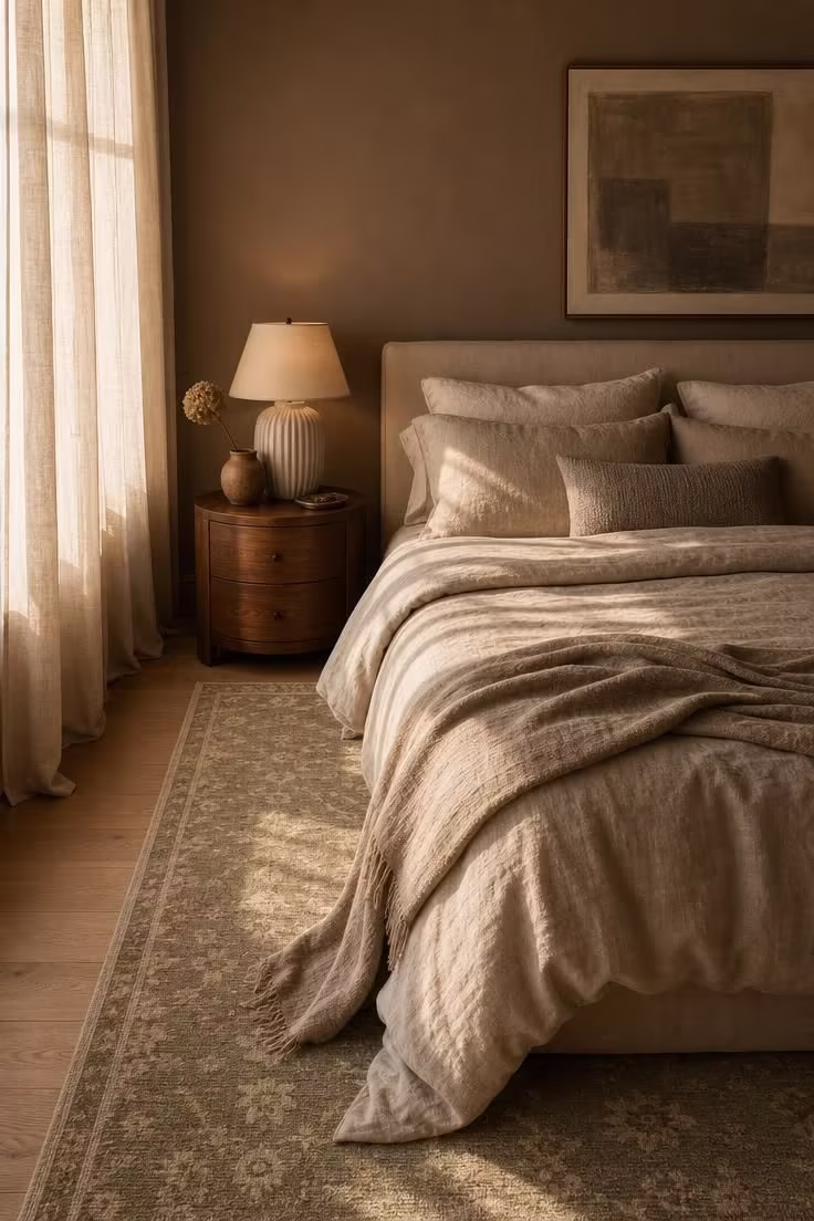 A warm mushroom-toned bedroom with layered oatmeal linen bedding, walnut nightstand, and golden hour light filtering through sheer curtains.