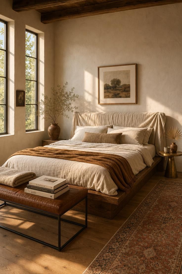 Walnut platform bed with ivory linen headboard wrap in a warm, sunlit couple's bedroom with caramel and cream tones.