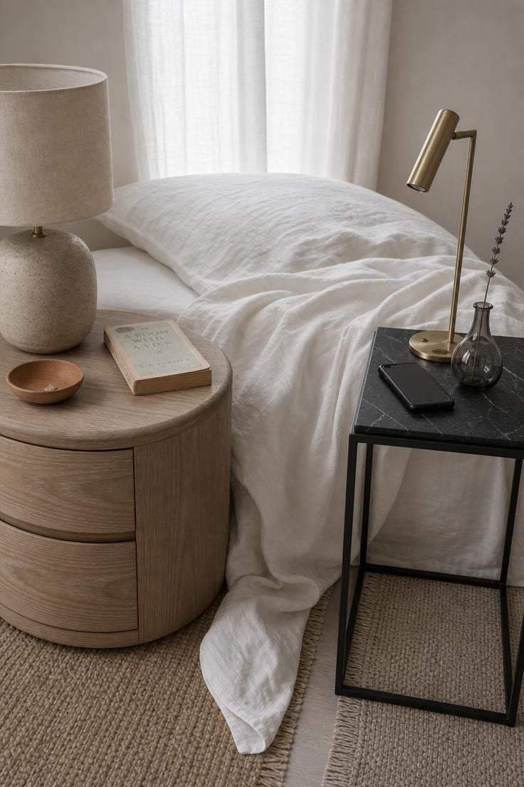 Mismatched nightstands in ash wood and matte black iron flanking a white linen bed in soft morning light.
