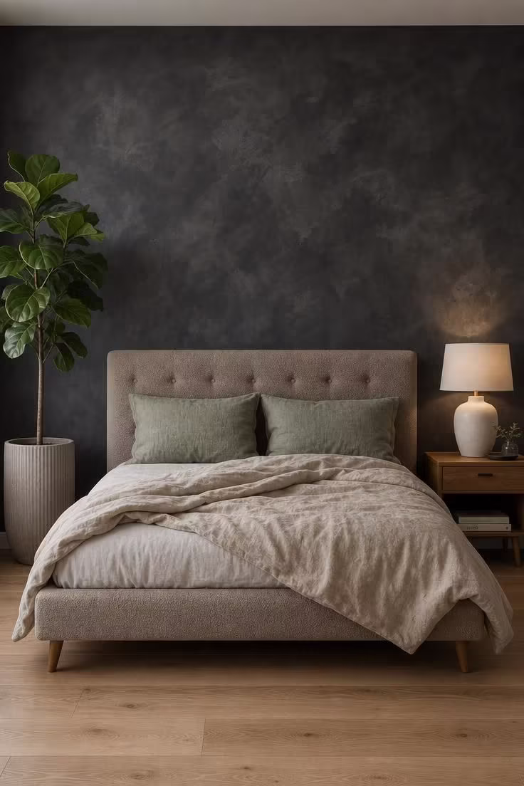 Charcoal limewash bedroom accent wall behind a mushroom bouclé tufted bed frame with sage and oat bedding.