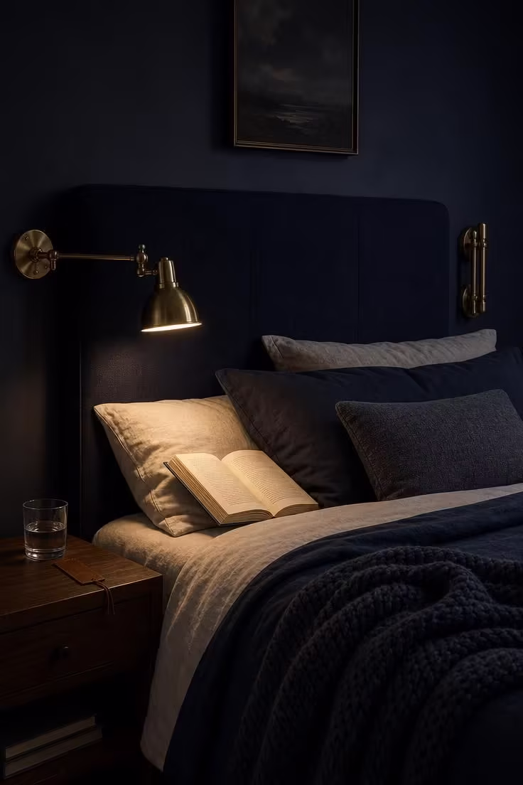 Brass swing-arm sconces mounted beside a navy linen headboard, one lit for reading in a moody low-light bedroom.