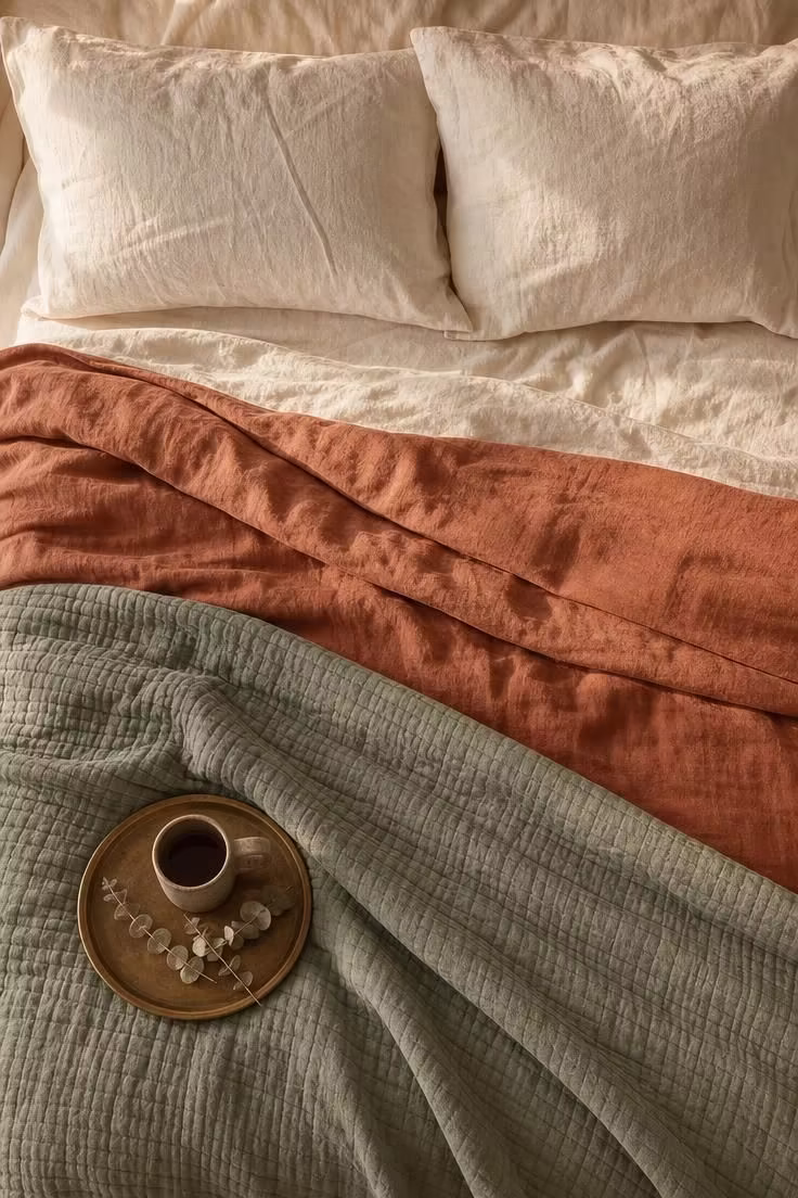 Overhead view of layered terracotta linen duvet and sage cotton quilt on a couple's bed in warm afternoon light.