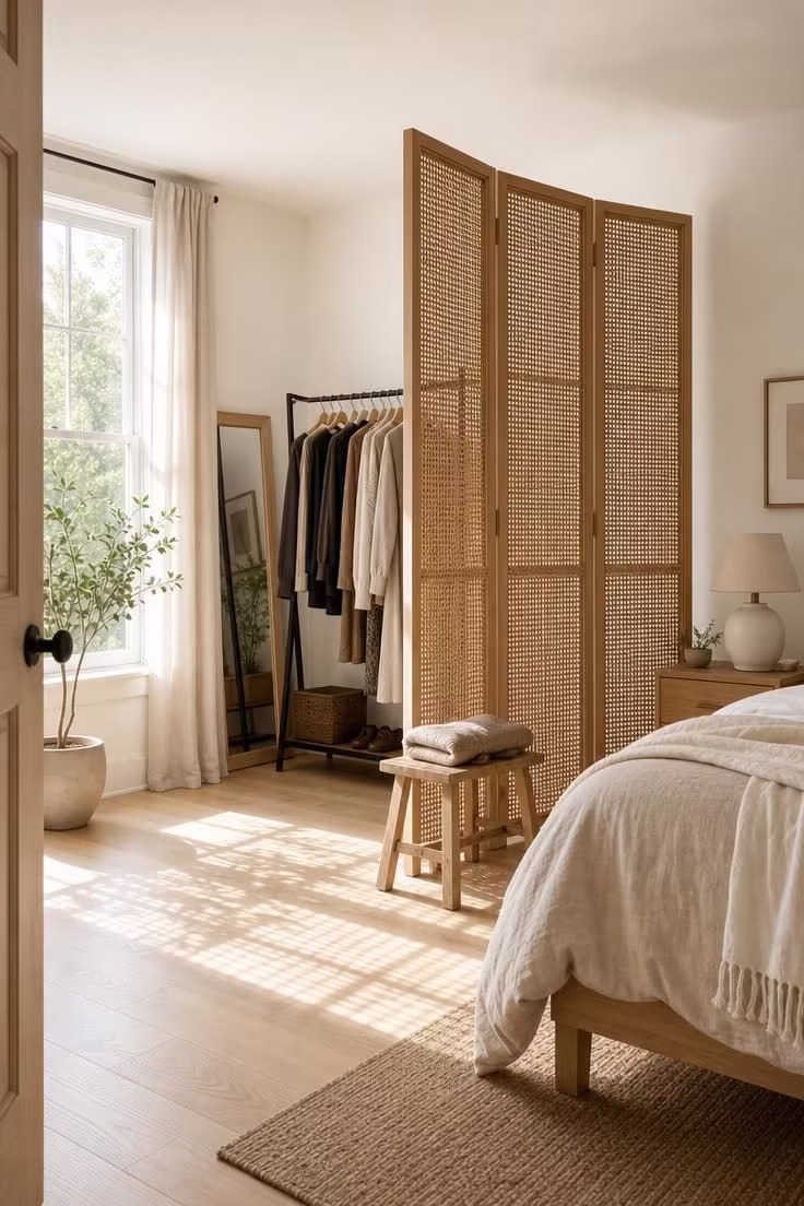 Woven cane room divider creating a private dressing area in a bright, minimalist couple's bedroom.