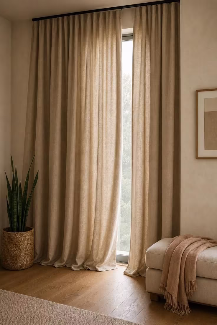 Floor-to-ceiling sand linen curtains on a ceiling-mounted track beside a low upholstered bench in a soft-lit bedroom.
