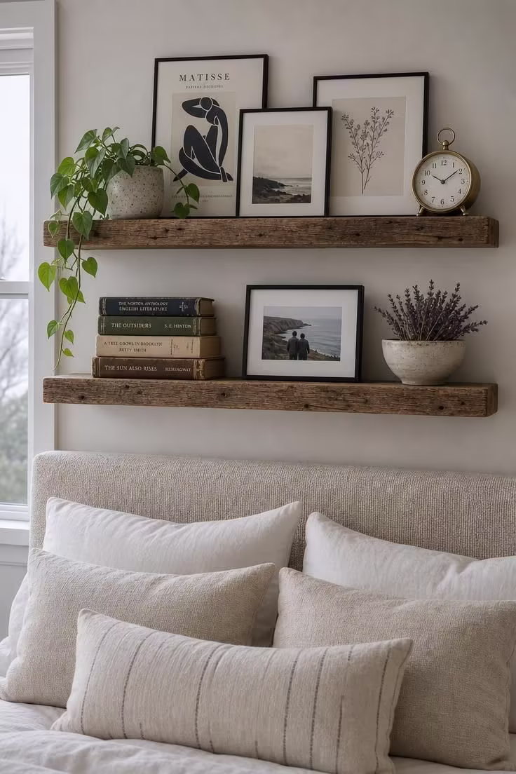 Reclaimed oak floating shelves above an oat fabric headboard displaying art prints, books, and ceramics in cool morning light.