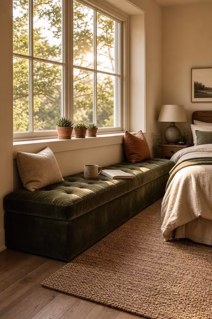 Moss green velvet bench seat under a sunlit bedroom window with linen pillows and potted succulents.