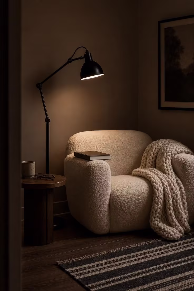 Cream bouclé armchair and articulating iron floor lamp in a moody bedroom reading corner with a dark walnut side table.