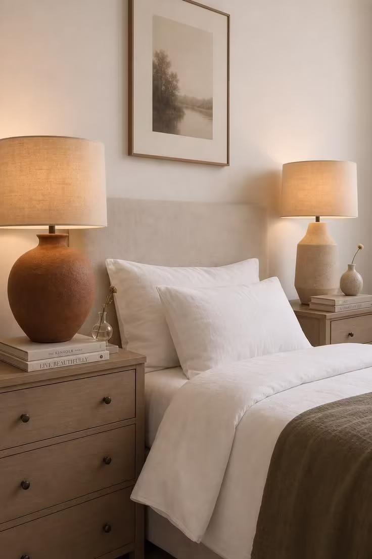 Two handmade ceramic table lamps in rust and sand clay tones with linen drum shades on low bedroom dressers.