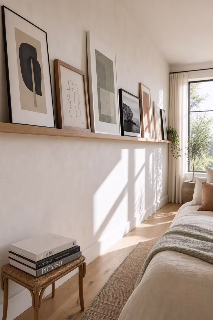 Oak gallery ledge along a bedroom side wall with leaned art prints in mixed frames under bright midday light.