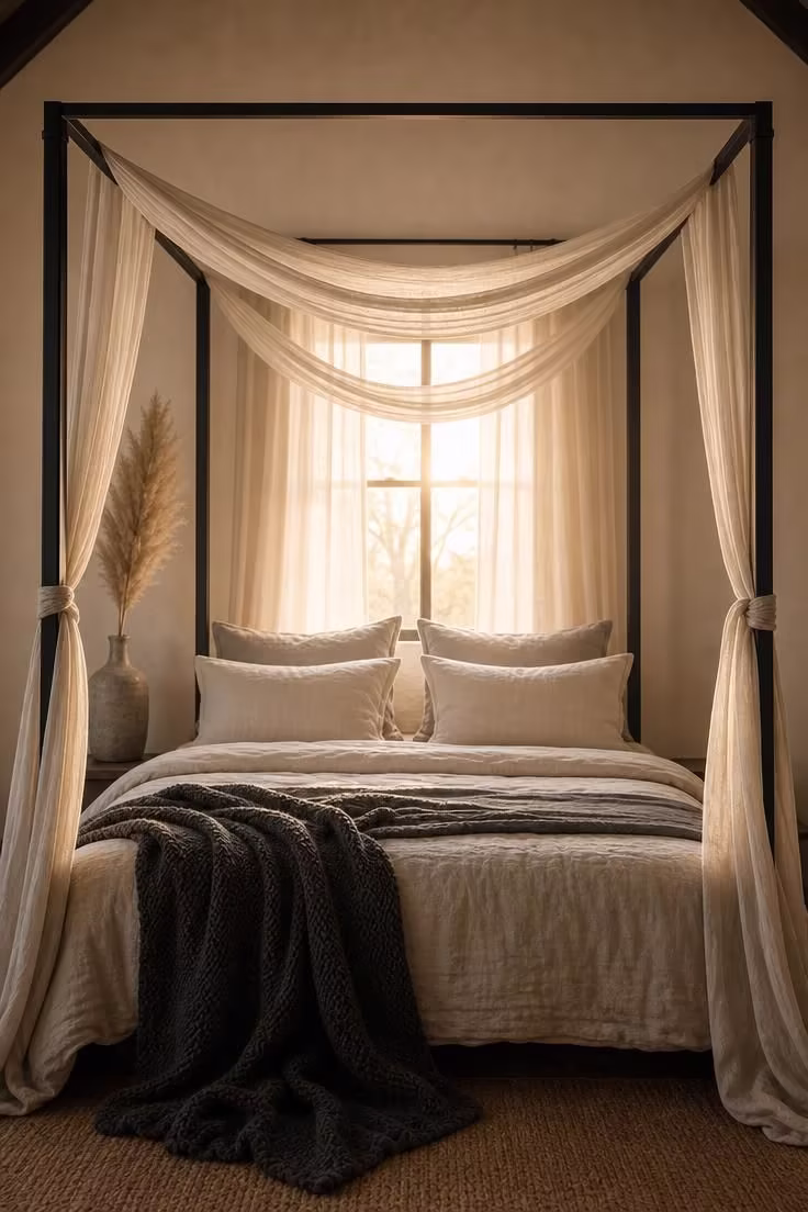 Black iron canopy bed frame with draped off-white gauze panels and cream and slate bedding in warm afternoon light.